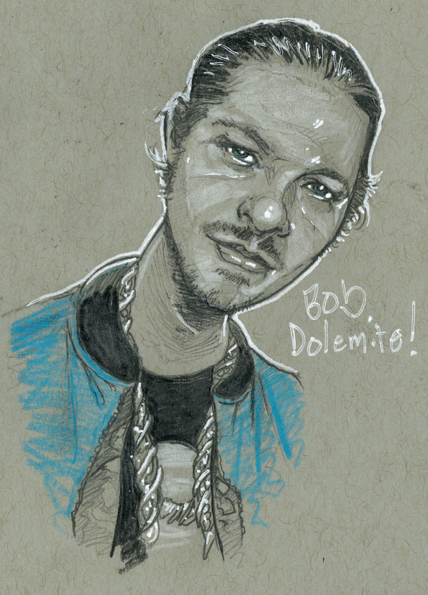 Hand-drawn Bob Dolemite portrait with a blue jacket, silver chain, and handwritten signature on textured paper