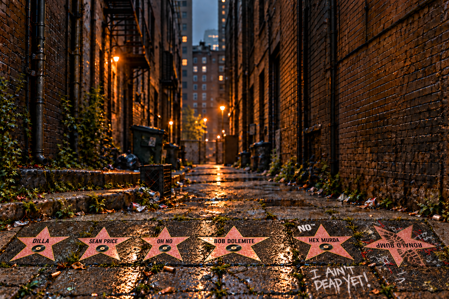 Sidewalk stars from left to right: Dilla, Sean Price, Oh No, a centered Bob Dolemite, and Hex Murda. The far-right fictional Ronald Rump pentagram has a readable upside-down name beneath a smeared muddy bootprint. A small NO trademark stencil is at the upper-left of Hex Murda's tile, beside I AIN'T DEAD YET graffiti.